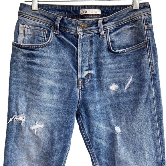 Zara High Rise Jeans Women 32 Distressed Ripped Button Fly Tapered Med Wash - Picture 6 of 16